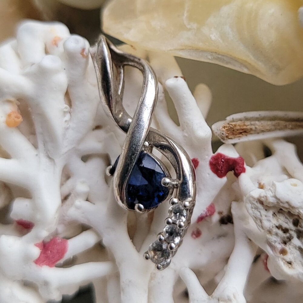 Sterling Silver 925 Infinity Twist Pendant – Blue Pear Stone with CZ Accents 1"